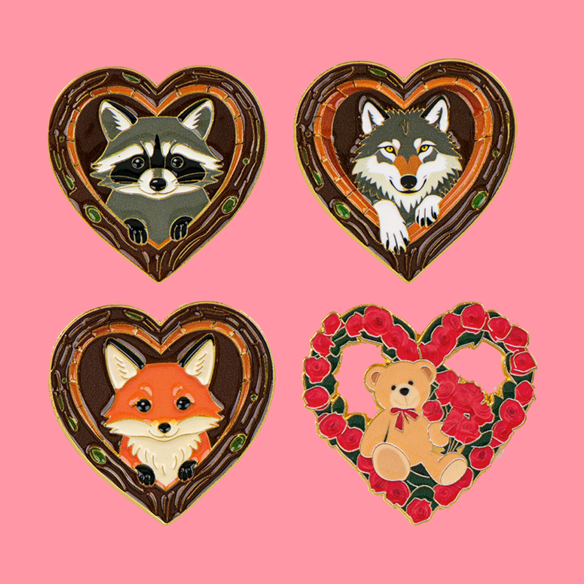 Enamel Pin Set - Fox Rose Bear Enamel Pins Animals